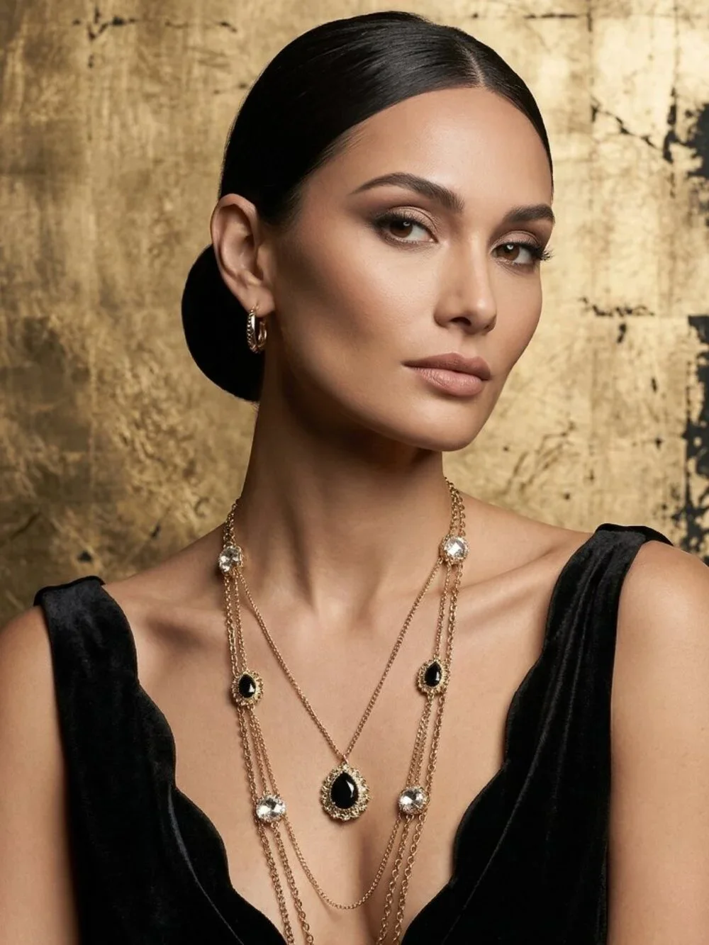 Multi Chain Gold Tone Necklace with Black Accents - Picture 1 of 4